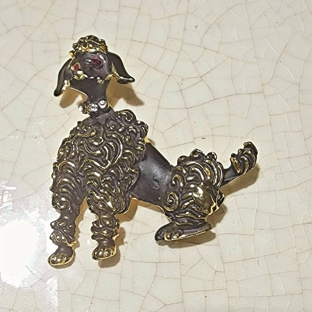 1950s Vintage Black, Gold & Rhinestone Poodle Brooch Pin-Up Rockabilly Pin